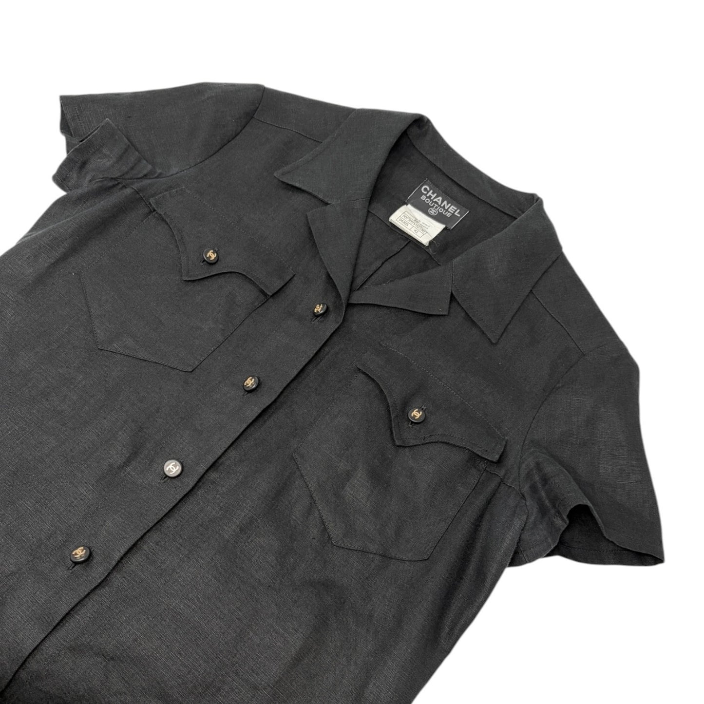 CHANEL Vintage 97P CC Logo Button Linen Shirt Dress One-piece #42 Black