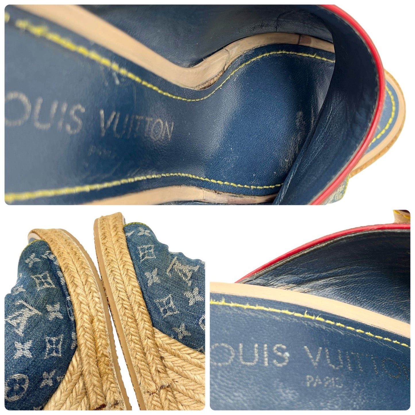 LOUIS VUITTON Vintage Monogram Denim Wedge Sole Sandals #38 Ribbon Blue Beige
