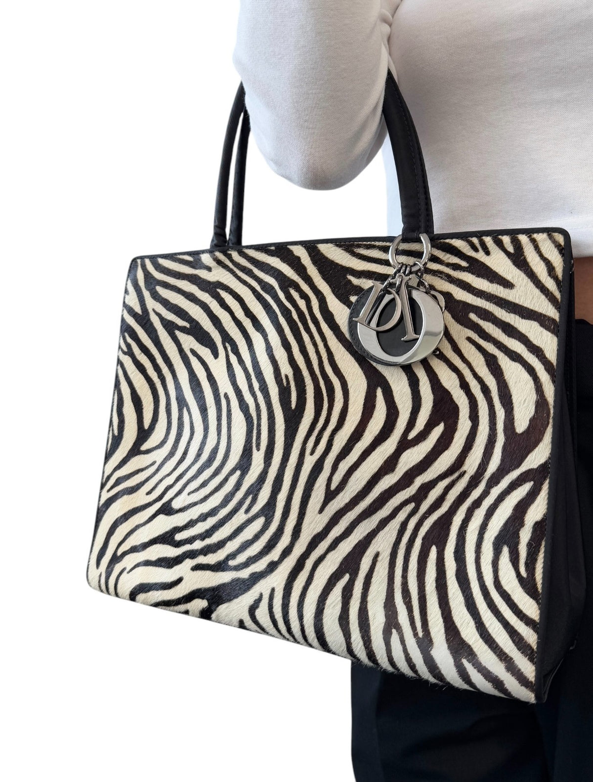 Christian Dior Vintage Logo Charm Zebra Pony Calf Hair Handbag Black 902383