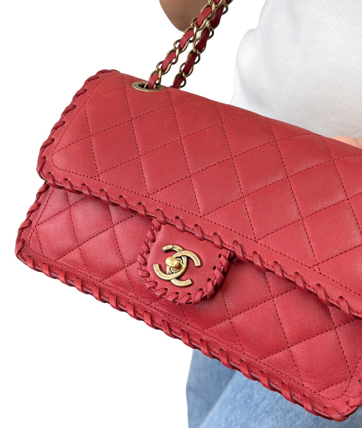 CHANEL Vintage CC Logo Quilted Whipstitch Chain 2way Bag Red Leather 902349
