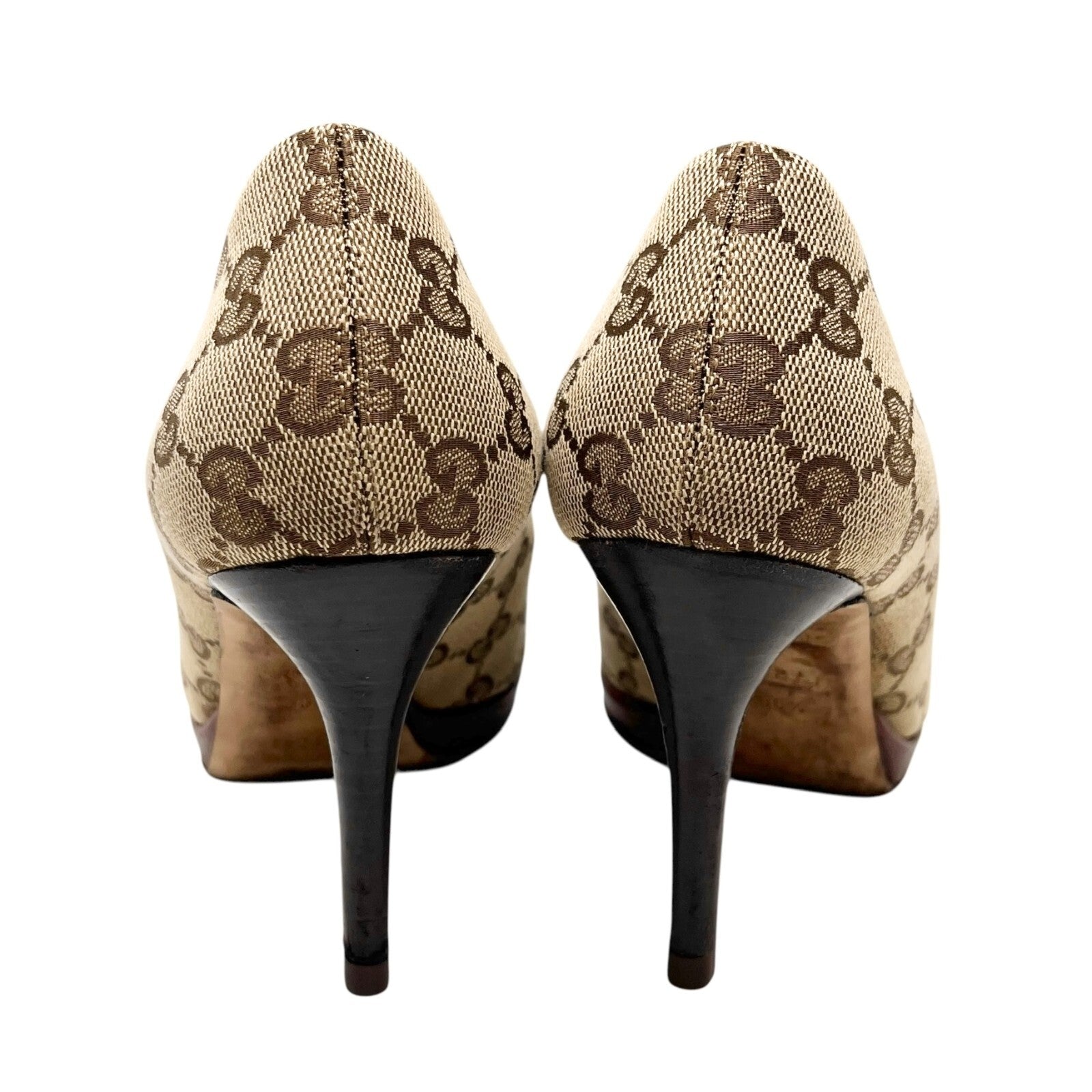 GUCCI Vintage GG Monogram Logo Sandals Heels #36.5 Beige Red Canvas Leather