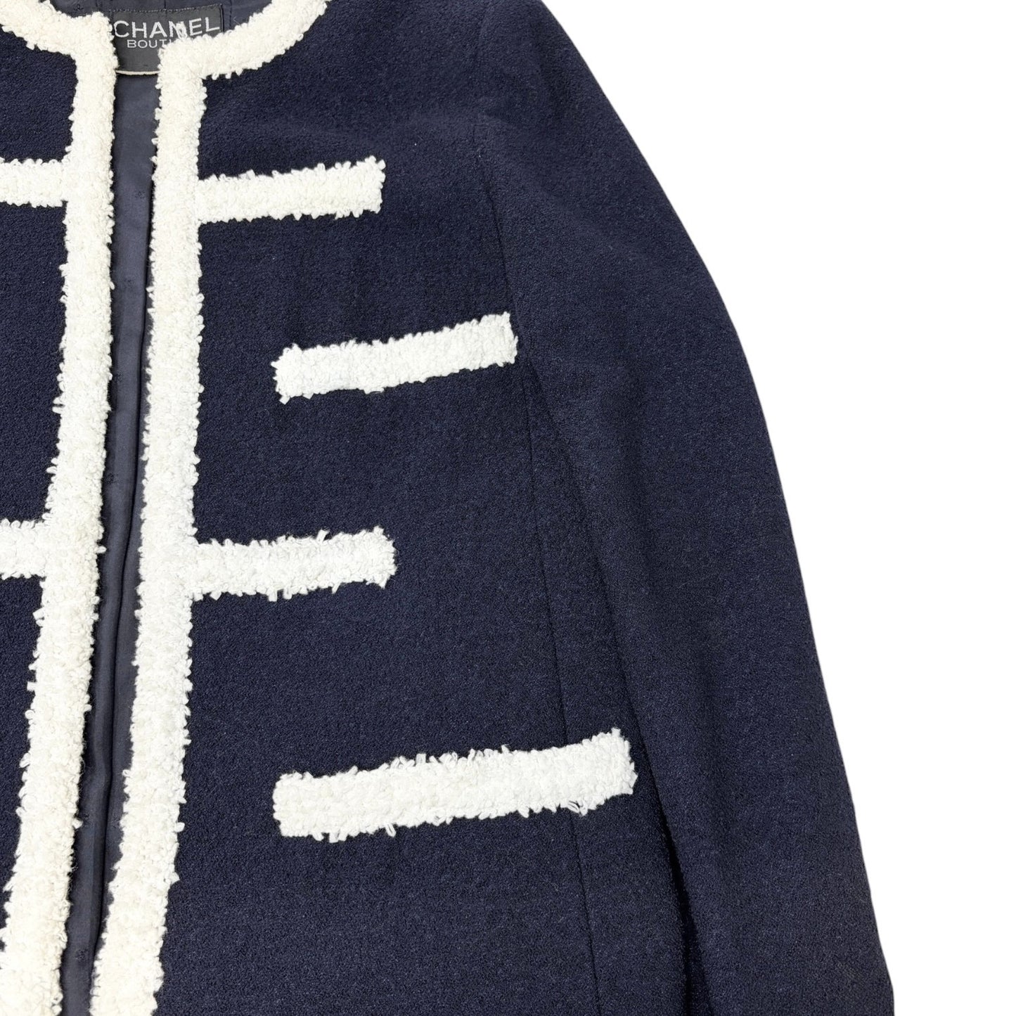 CHANEL Vintage CC Logo Button Tweed Jacket Blue White Wool Silk 106914