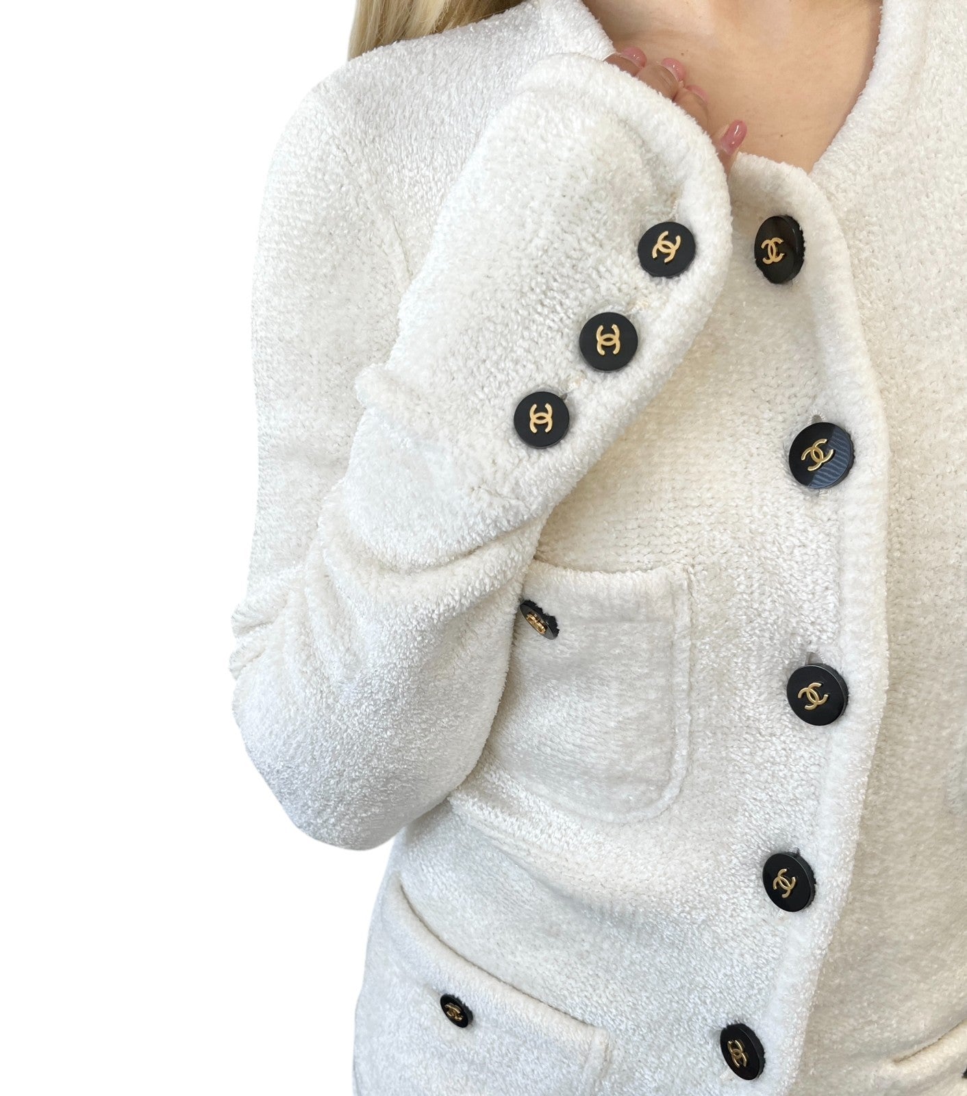 CHANEL Vintage 95A CC Logo Button Velour Cardigan Jacket #42 Cream 902020