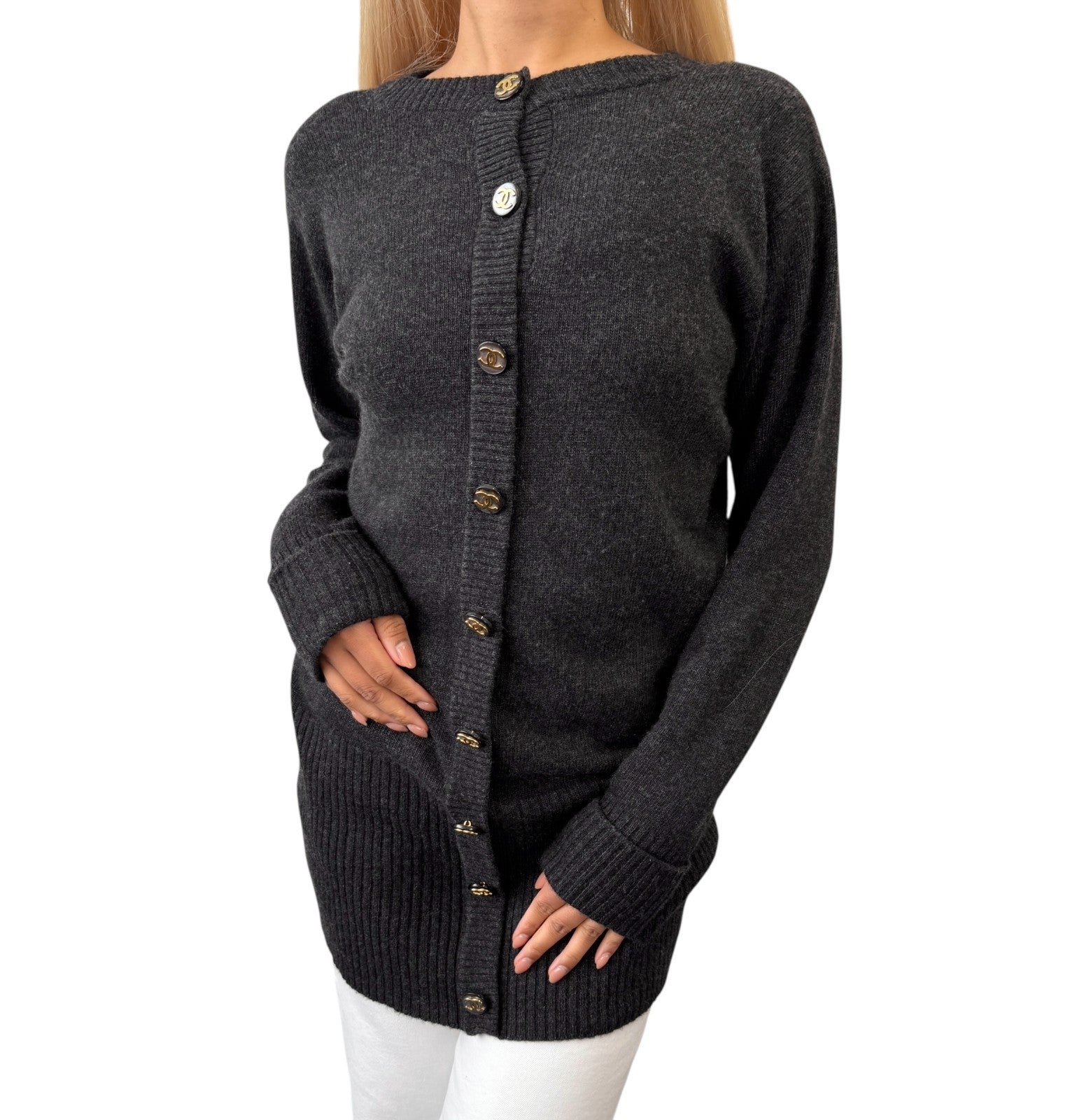 CHANEL Vintage CC Mark Logo Button Cashmere Knit Sweater Top Dark Gray Gold