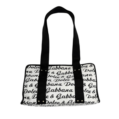 DOLCE&GABBANA Vintage D&G Logo Shoulder Bag White Black Gold Canvas Leather