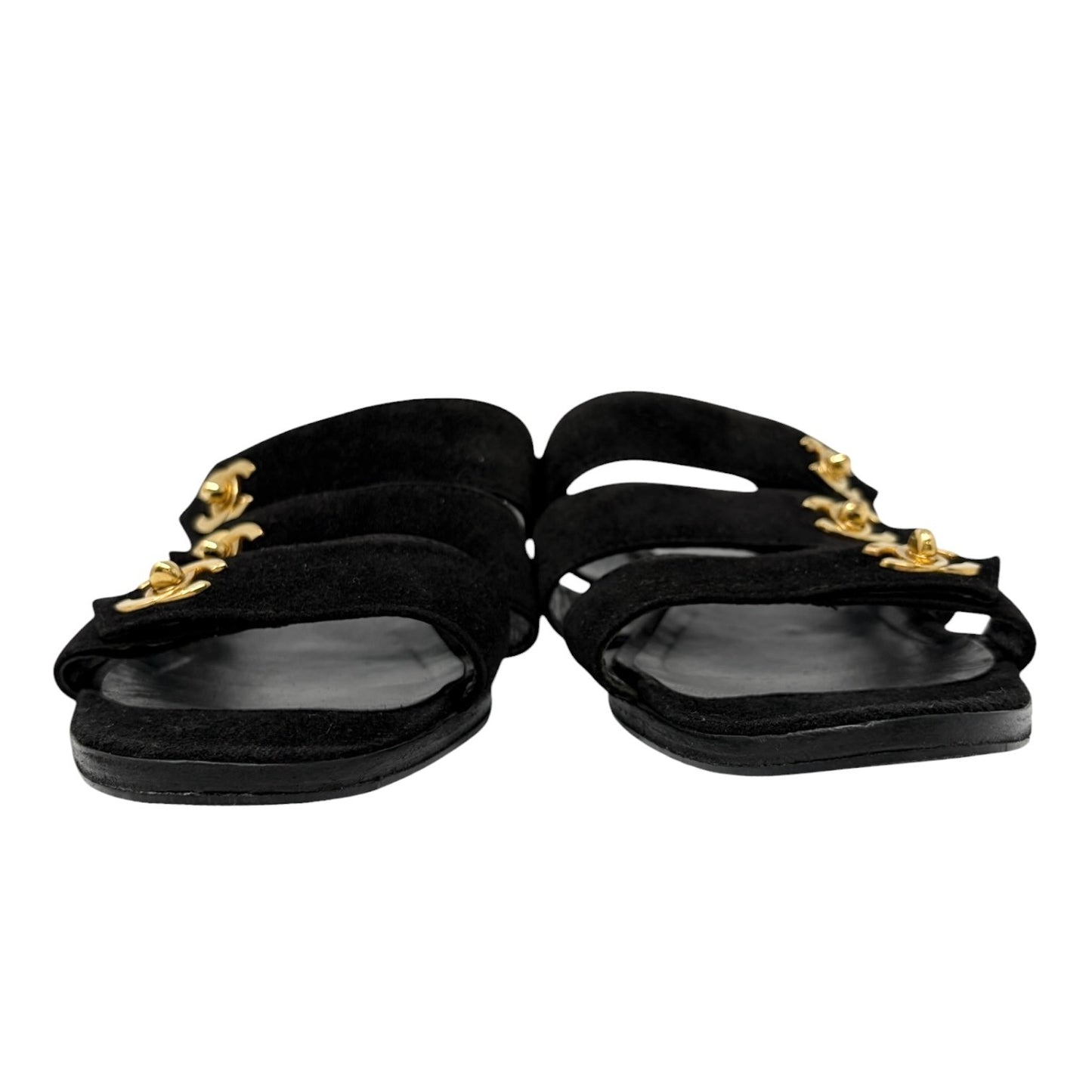 CHANEL Vintage CC Turnlock Flat Slide Sandals #37 Black Gold  Suede 902296