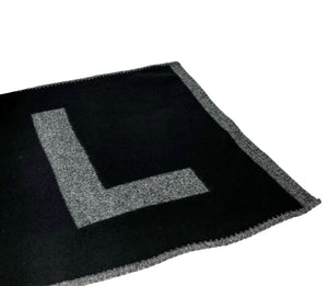 CHANEL Vintage Logo Muffler Scarf Wrap Accessory Black Gray Silk Cashmere
