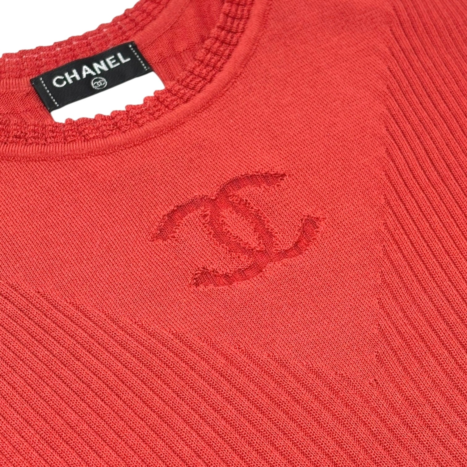 CHANEL Vintage P37822 See-through CC Logo Rib Knit Tank Top Red Cotton Silk
