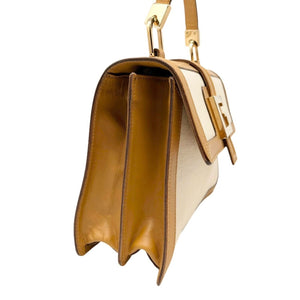 GUCCI Vintage G Square Logo Shoulder Bag Cream Camel Gold Canvas Leather