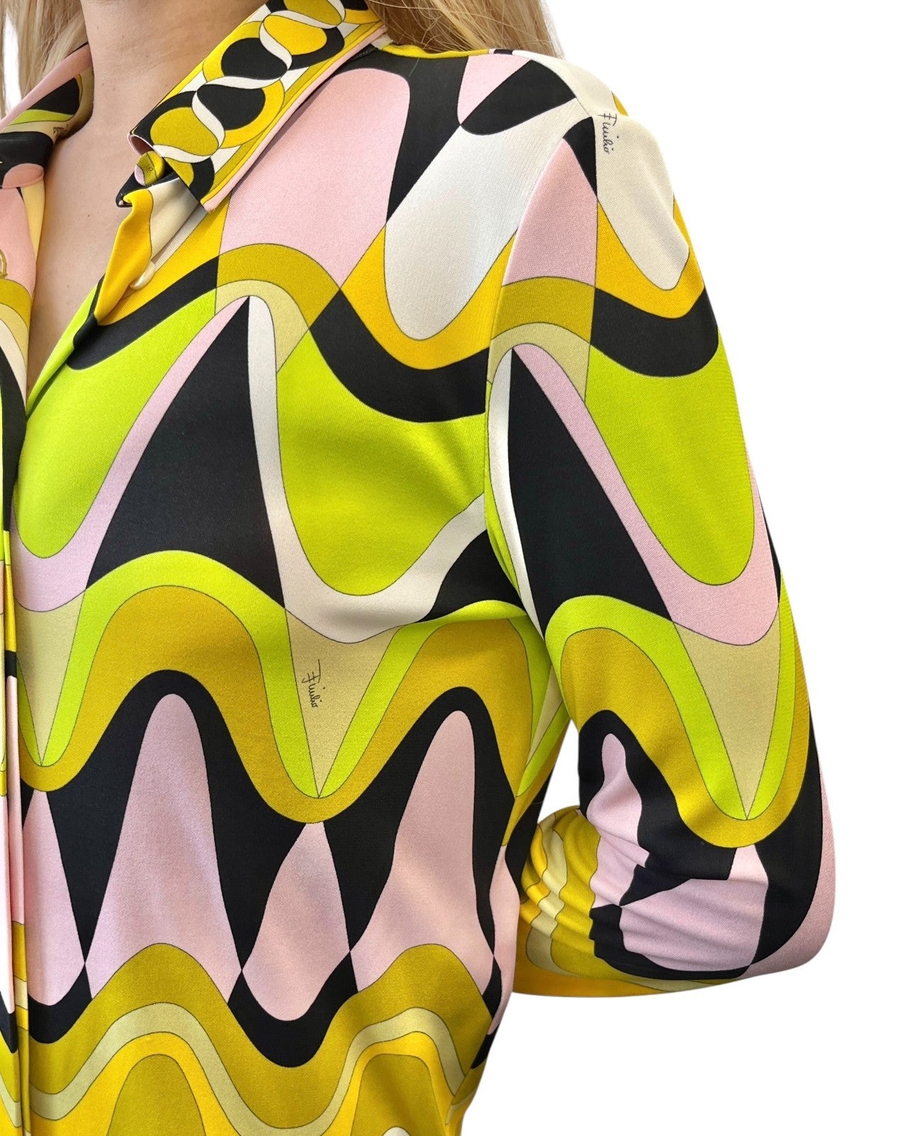 EMILIO PUCCI Vintage Logo Multicolor Shirt Pants Set #38 Button Zip Rayon