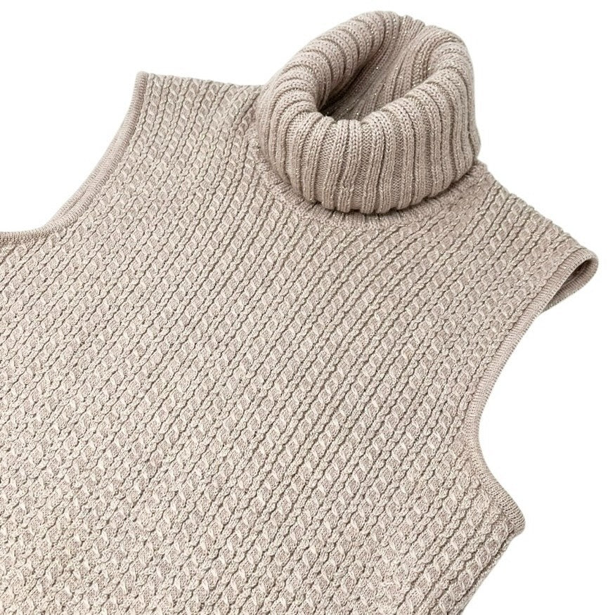 CHANEL Vintage 01A CC Logo Turtleneck Knit Top #42 Pink Beige Wool Sleeveless