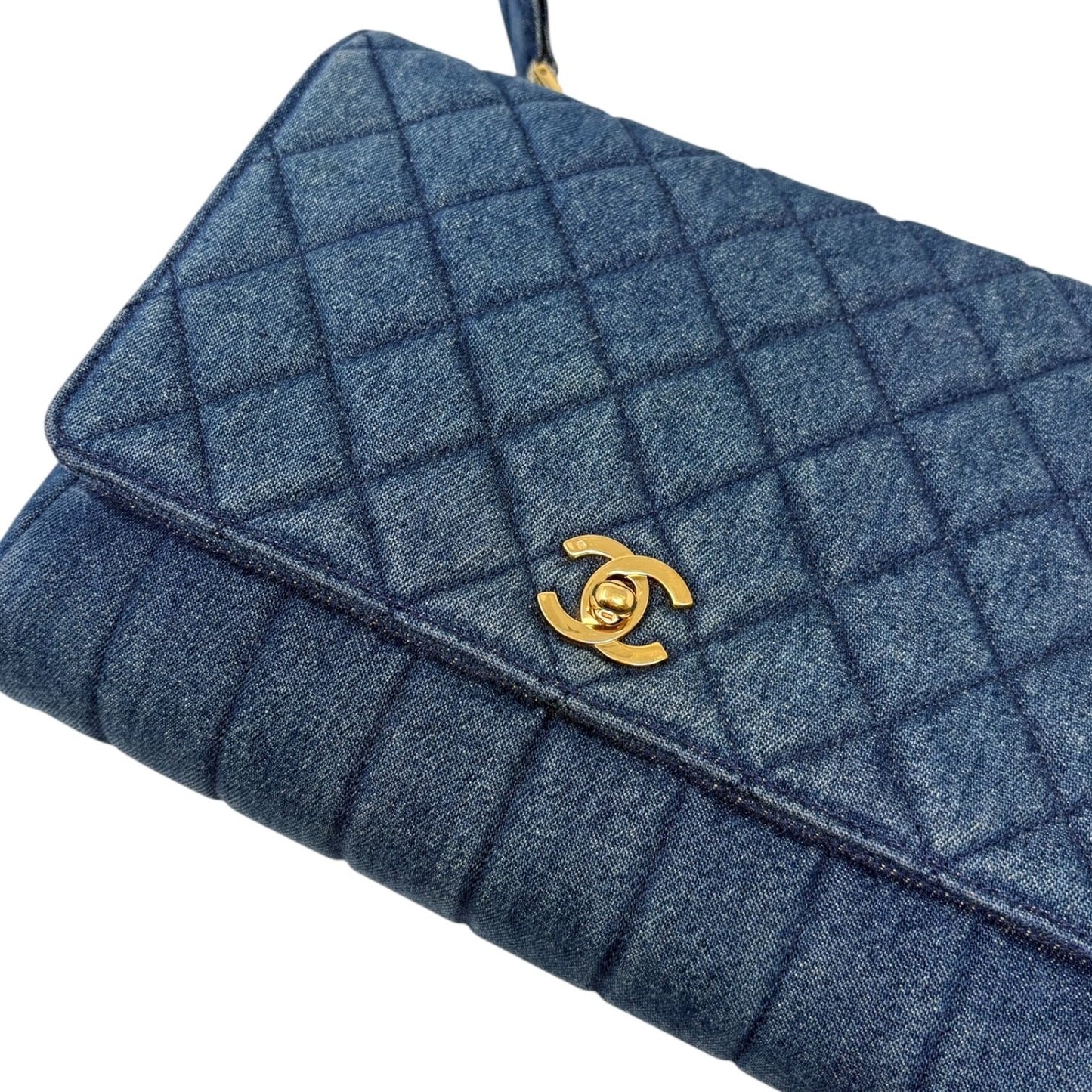 CHANEL Vintage CC Logo Quilted Denim Flap Shoulder Bag Blue Gold 901873