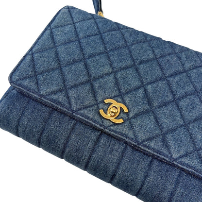 CHANEL Vintage CC Logo Quilted Denim Flap Shoulder Bag Blue Gold 901873