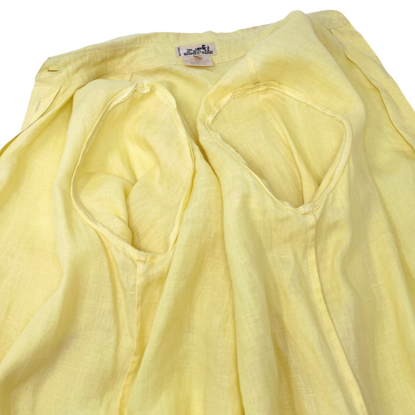 HERMES Vintage Logo Button Up Shirt Top #38 Long Sleeve Yellow White Linen