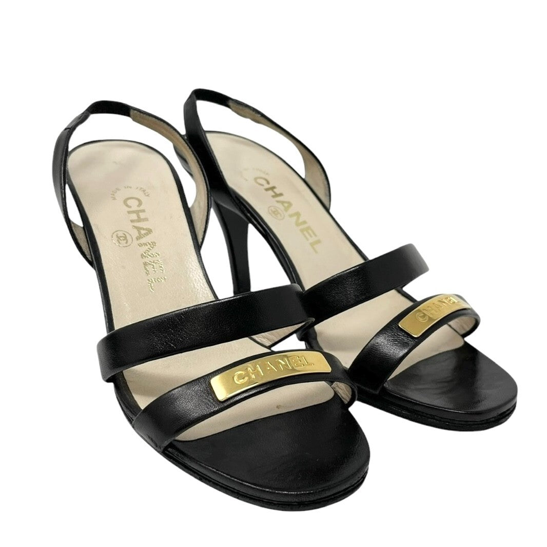 CHANEL Vintage 98P CC Logo Heels Mules Sandals #36.5-37 Black Gold Leather