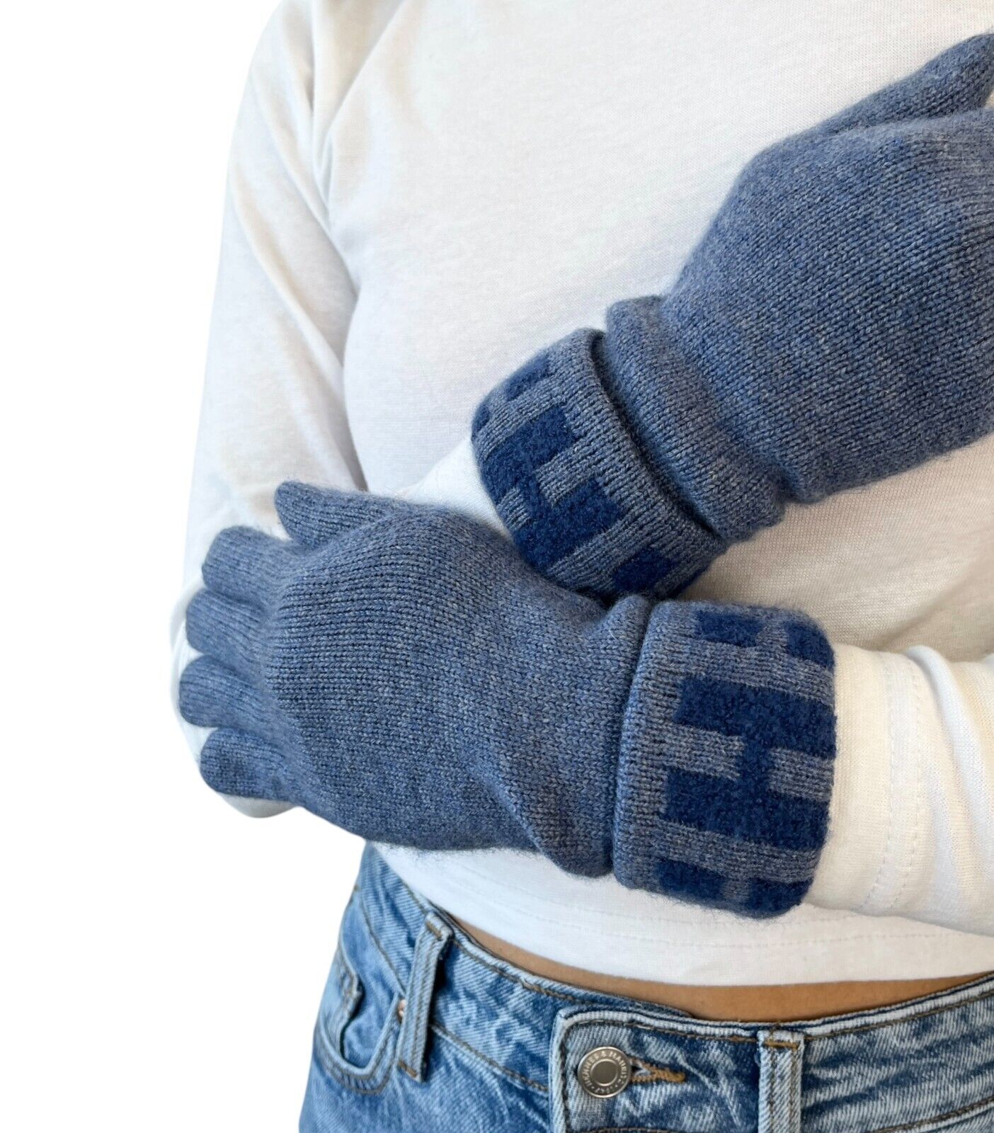 HERMES Vintage H Logo Gloves #S Knit Fashion Winter Accessory Blue Cashmere