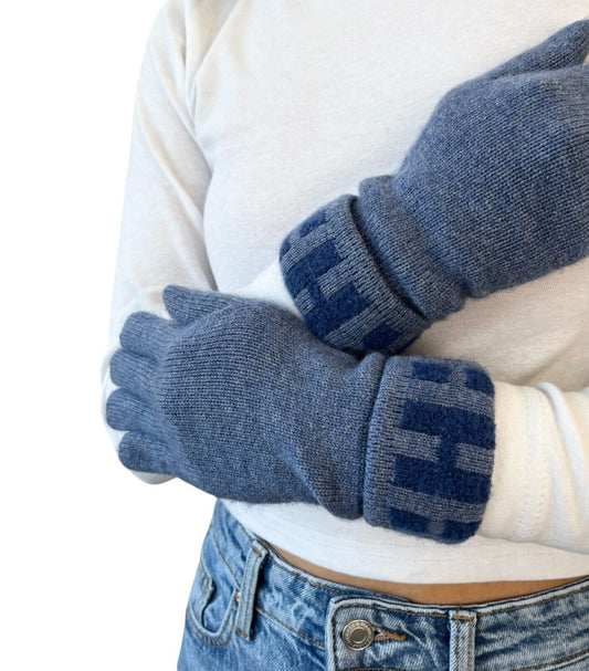 HERMES Vintage H Logo Gloves #S Knit Fashion Winter Accessory Blue Cashmere