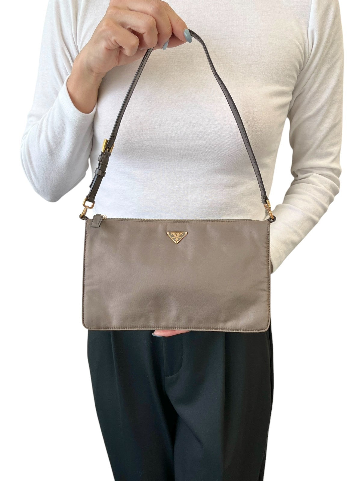 PRADA Vintage Logo Mini Shoulder Bag Pochette Pouch Taupe Gold Nylon 902436