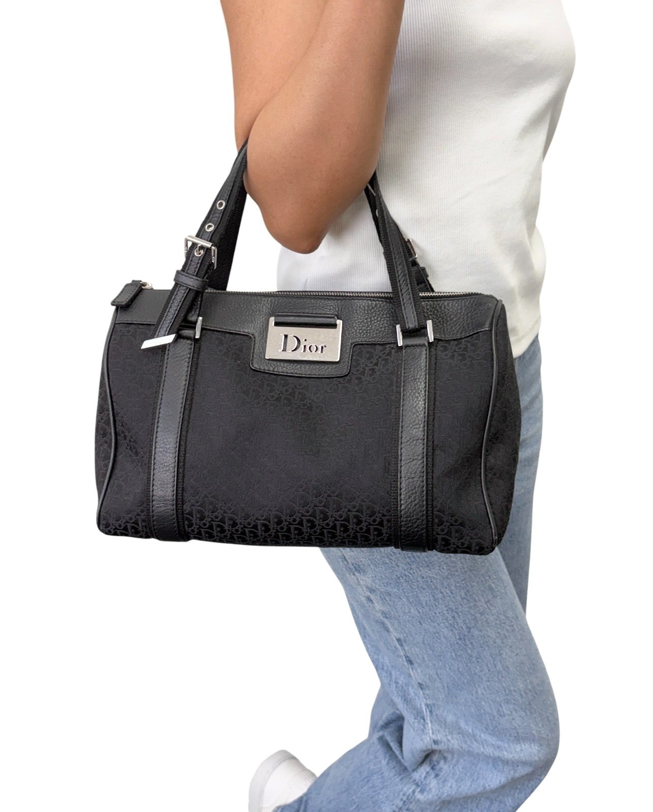 Christian Dior Street Chic Trotter Monogram Boston Bag Black Canvas 902442