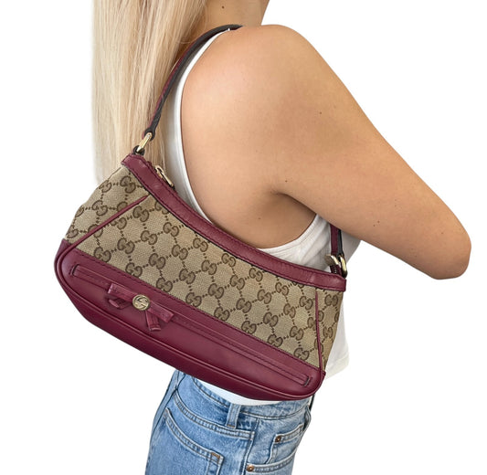 GUCCI Vintage GG Logo Monogram Canvas Mayfair Shoulder Bag Beige Pink Ribbon