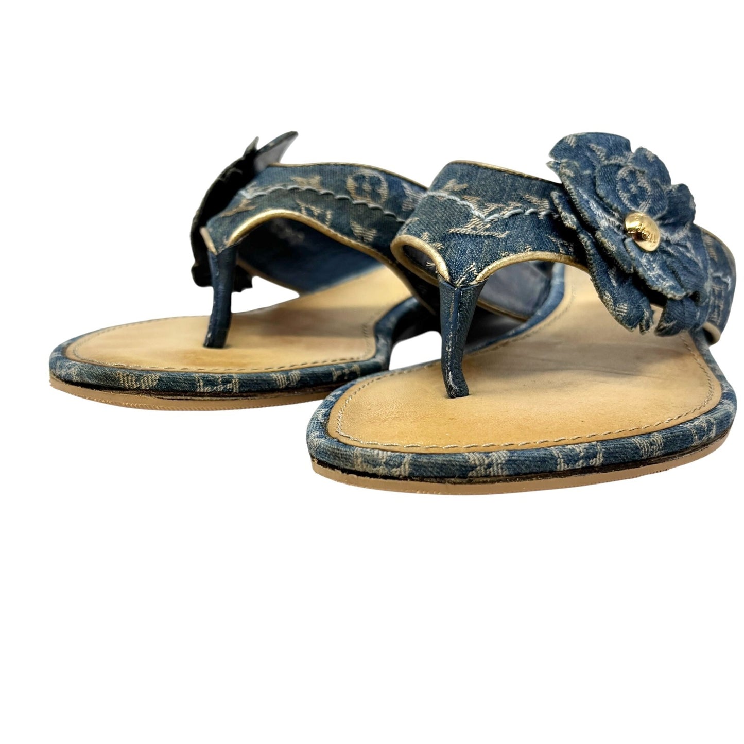 LOUIS VUITTON Vintage LV Monogram Denim Thong Sandals #37.5 Blue Gold Flower