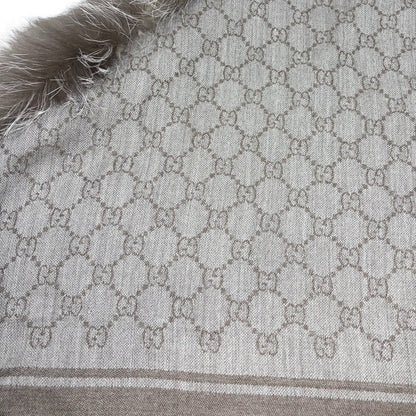 GUCCI Vintage GG Logo Monogram Fox Fur Shawl Scarf Wrap Gray Brown Wool 902253