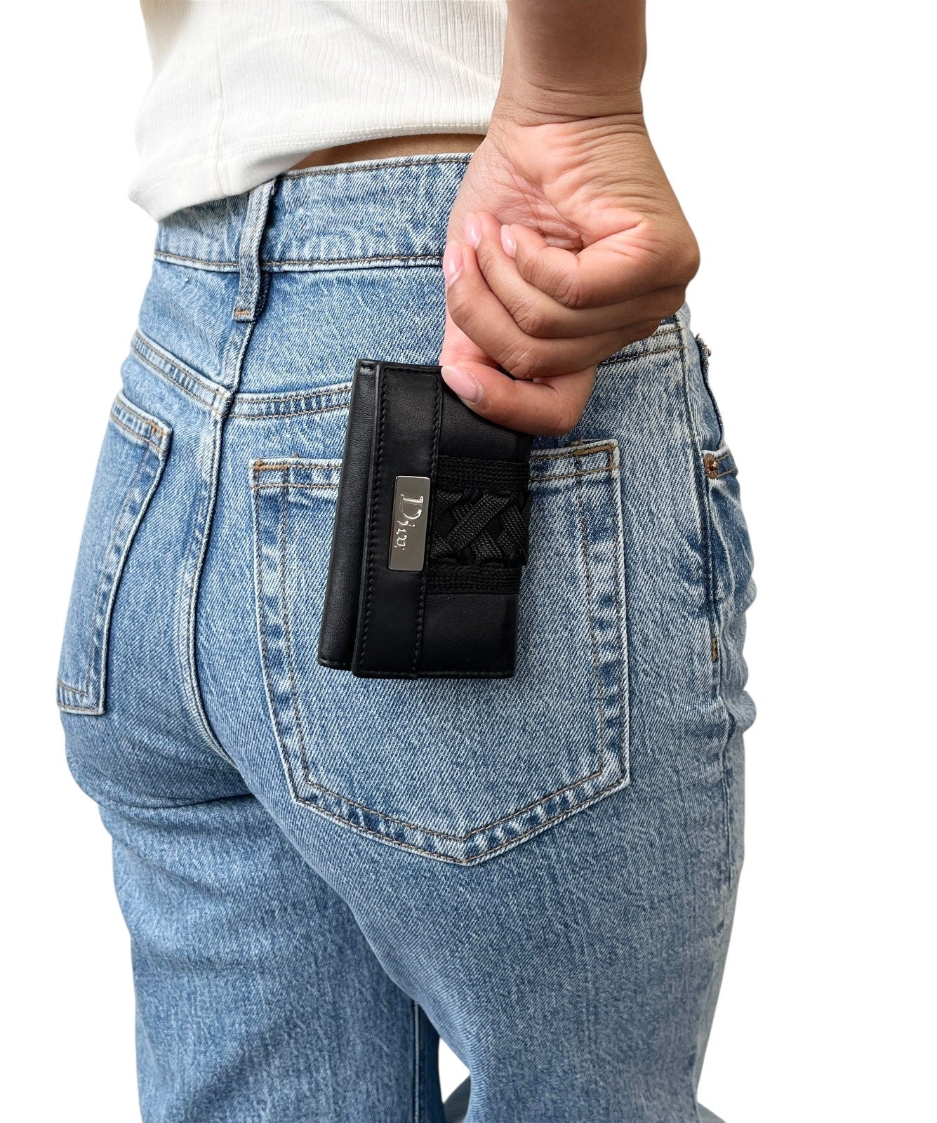 Christian Dior Vintage 2002 Logo Admit It Key Card Case Black Silver Leather