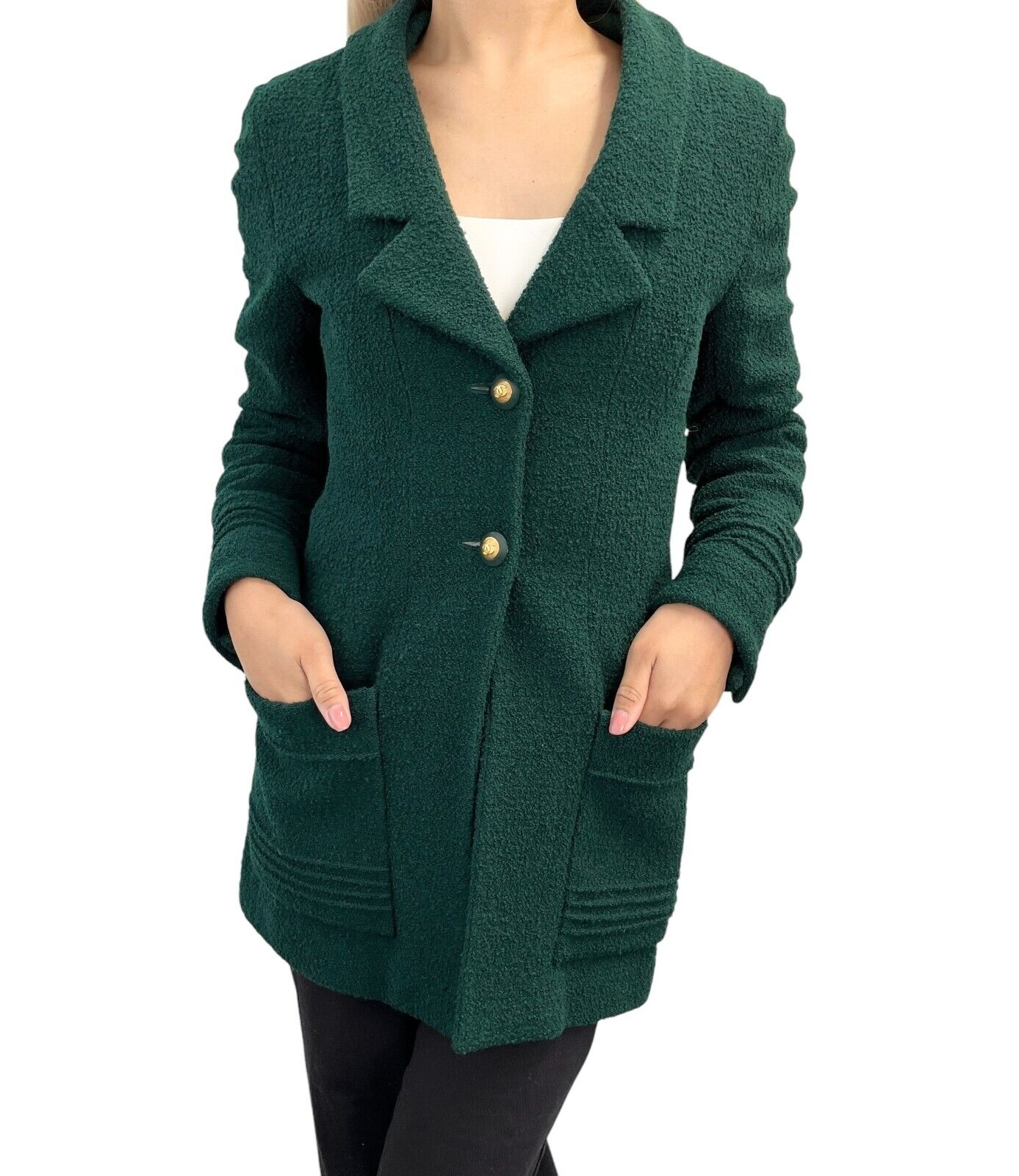 CHANEL Vintage CC Mark Logo Tweed Jacket Button Pocket Green Gold Wool