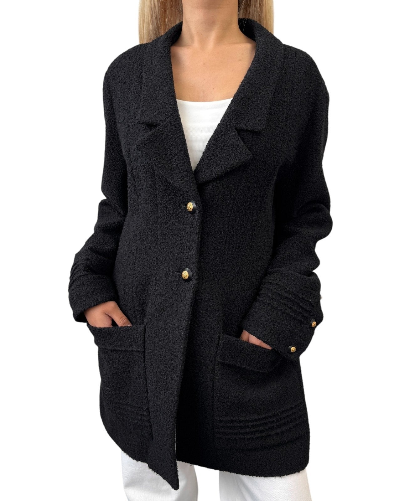 CHANEL Vintage CC Mark Logo Gold Button Jacket Black Wool Silk Pockets