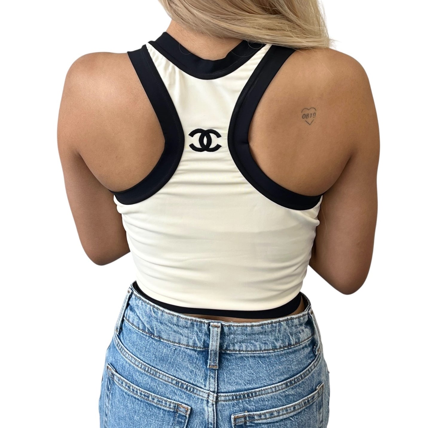 CHANEL Vintage CC Logo Spandex Cropped Tank Top #38 Cream Black Nylon