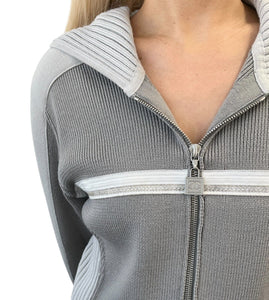 CHANEL Sport Vintage 04A CC Logo Zip Hoodie Top #42 Jacket Gray White Wool
