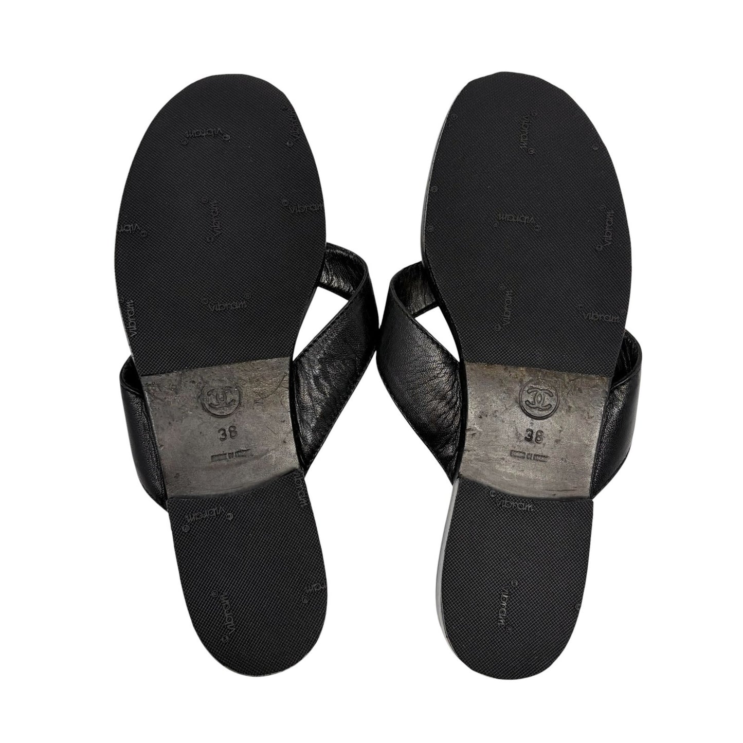 CHANEL Vintage Turnlock CC Logo Flat Thong Sandals #38 Black Leather 902405