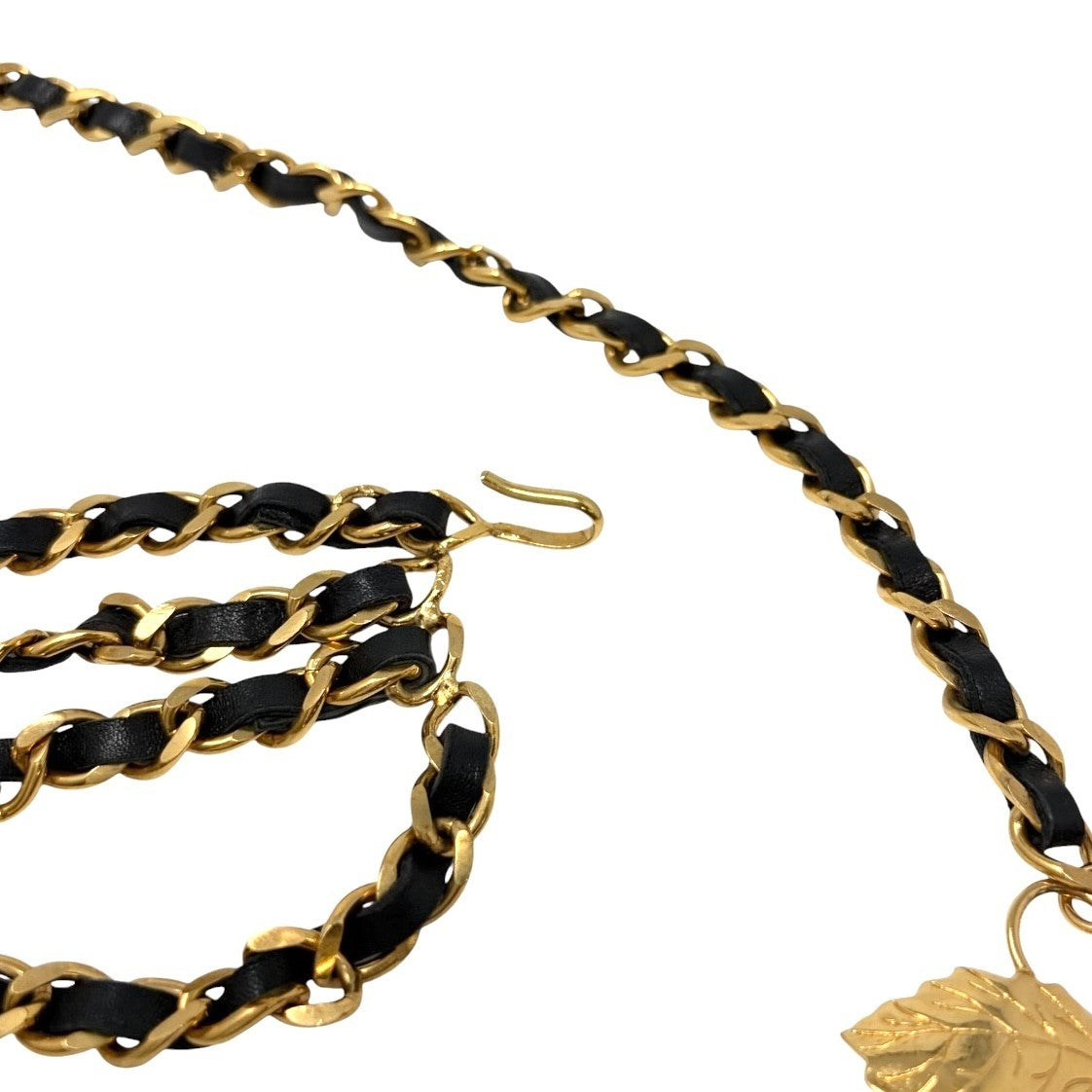 CHANEL Vintage 1991 CC Logo Big Leaf Leather Chain Belt Black Gold 902002