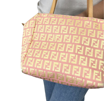 FENDI Vintage FF Logo Zucchino Mini Handbag Pink Yellow Canvas 902482