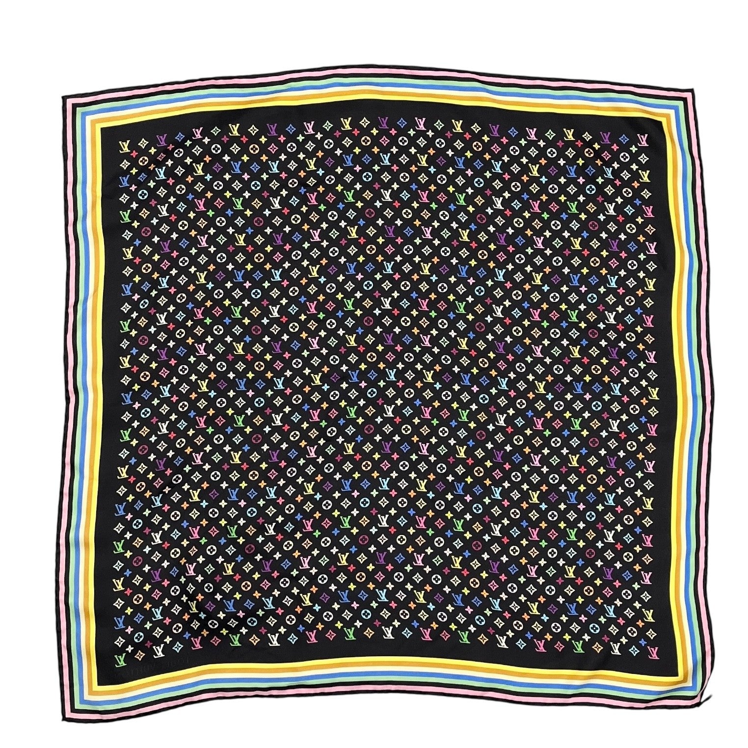 LOUIS VUITTON Vintage Monogram LV Logo Scarf Wrap Black Silk Multicolor
