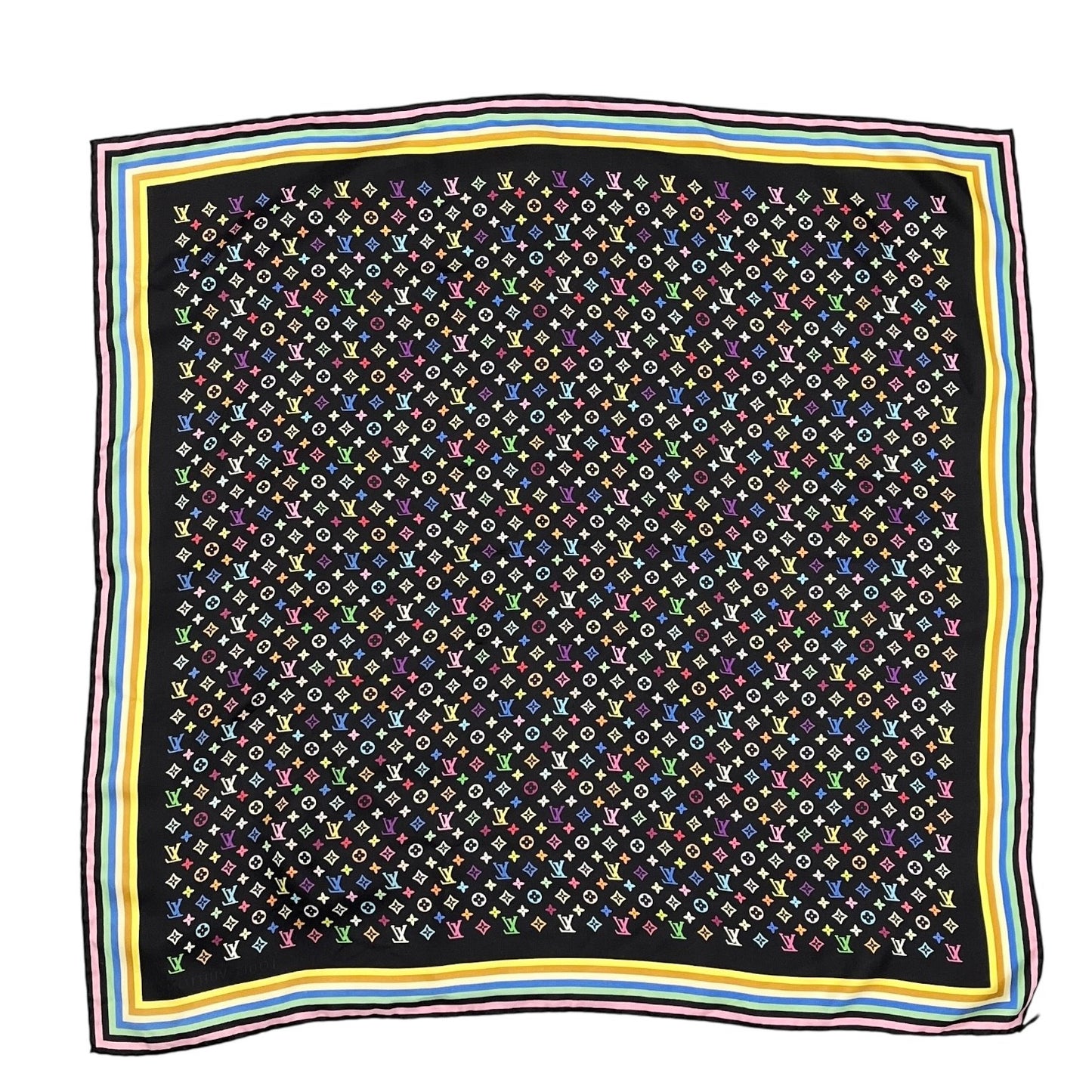 LOUIS VUITTON Vintage Monogram LV Logo Scarf Wrap Black Silk Multicolor