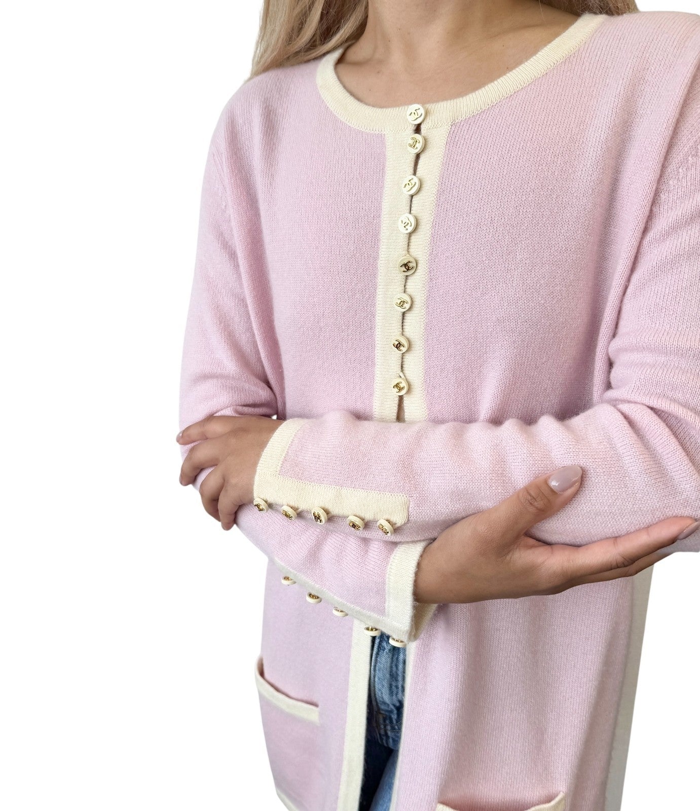 CHANEL Vintage 96C Long Cardigan #42 Knit Sweater Button Pink Cream Cashmere