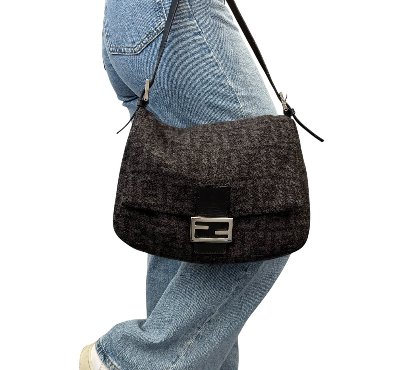 FENDI Vintage Zucca FF Logo Mamma Baguette Shoulder Bag Gray Black Wool