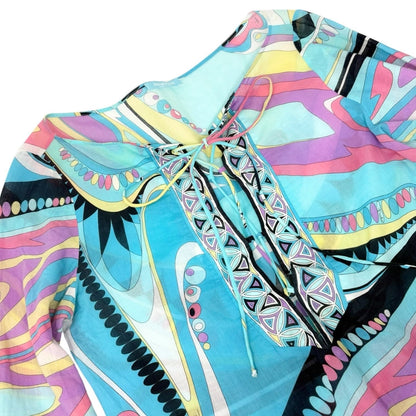 EMILIO PUCCI Vintage Logo Multicolor Abstract Print Tunic Top Blue 901935