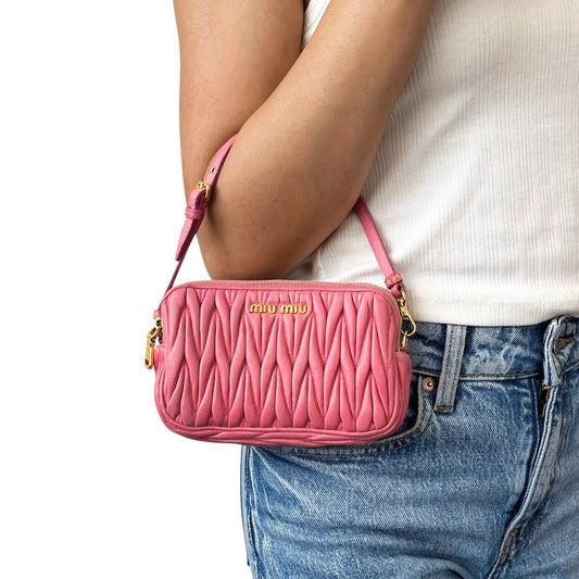 miu miu Vintage Logo Matelasse Leather Mini Double Zip Bag Pink Gold 902277
