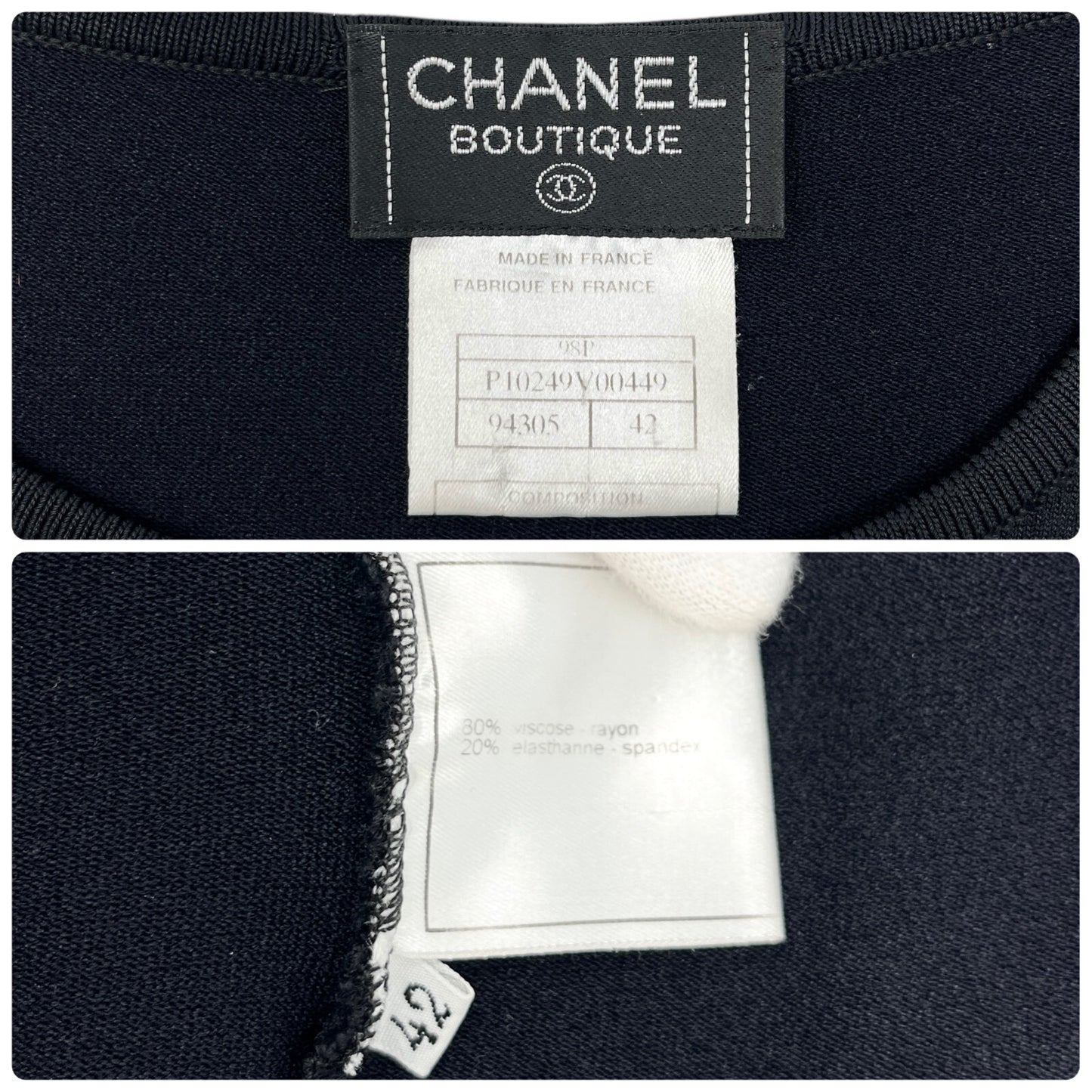 CHANEL Vintage 98P CC Logo Knit Tank Top #42 Round Neck Spandex Black Rayon