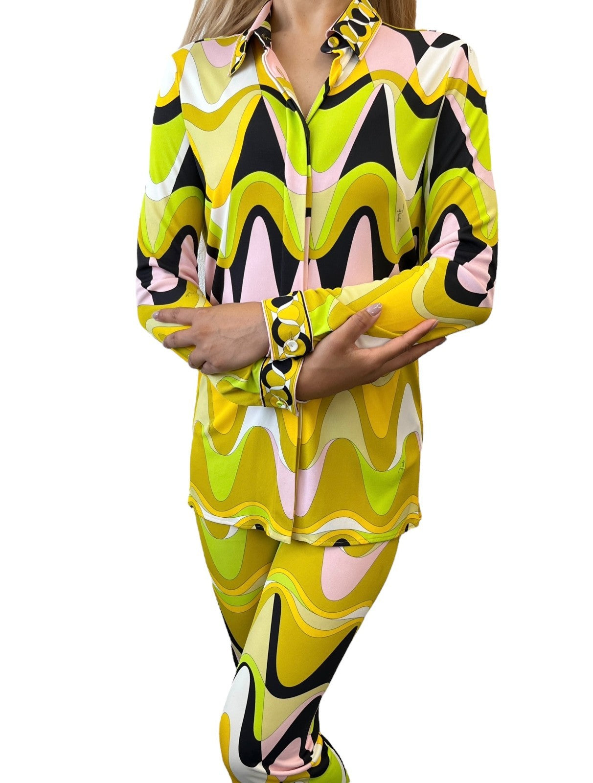 EMILIO PUCCI Vintage Logo Multicolor Shirt Pants Set #38 Button Zip Rayon