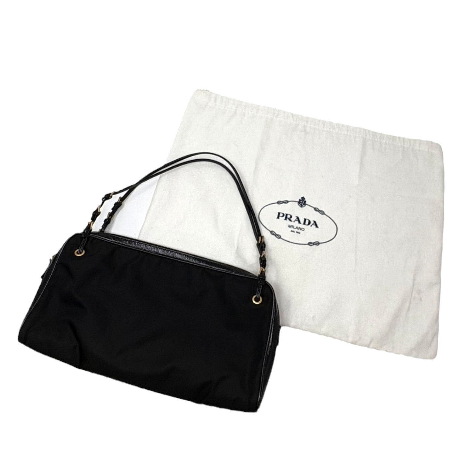 PRADA Vintage Logo Pochette Mini Shoulder Bag Black Gold Nylon Zip Leather