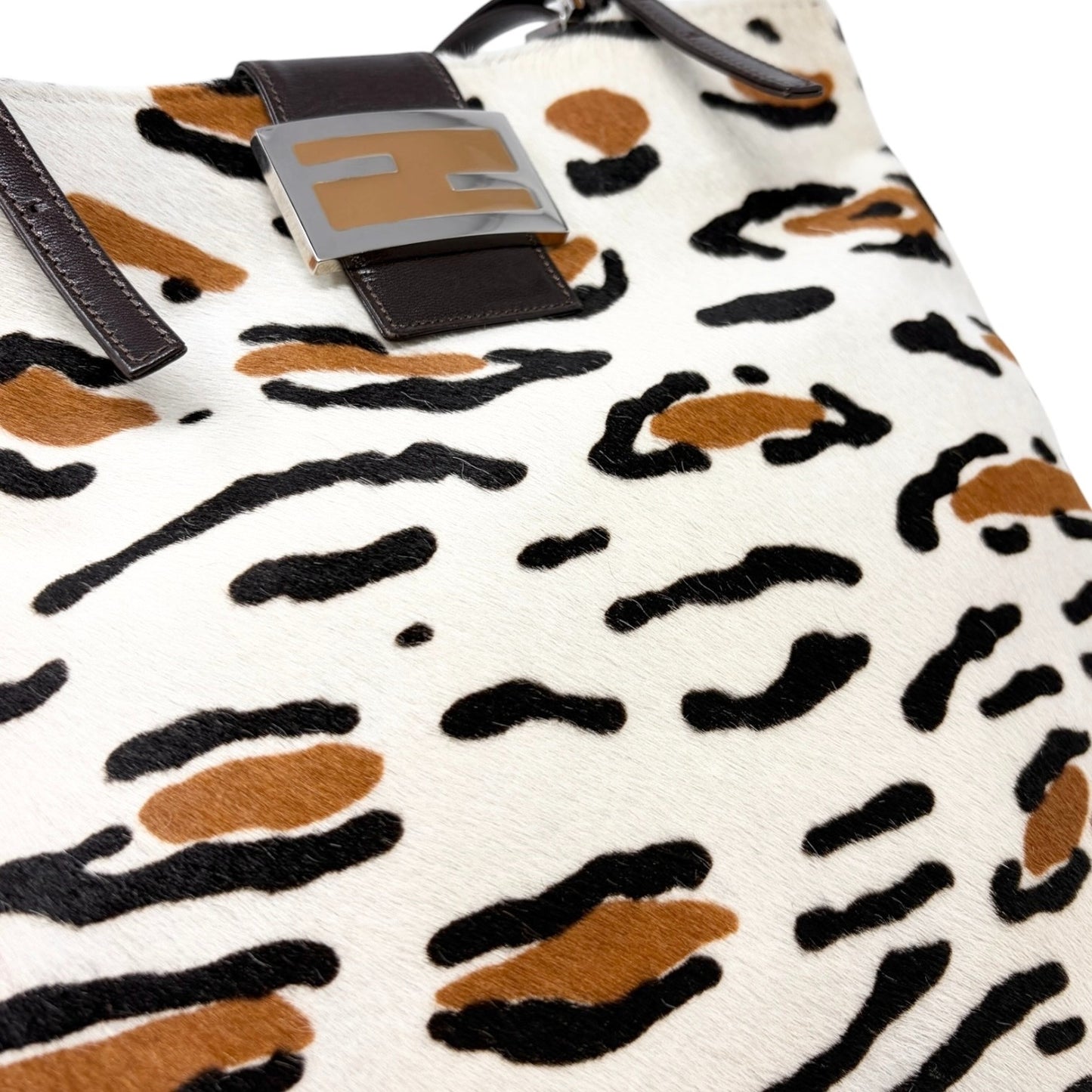 FENDI Vintage FF Logo Leopard Animal Print Tote Bag White Pony Calf Hair 901822
