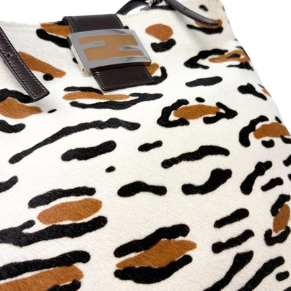 FENDI Vintage FF Logo Leopard Animal Print Tote Bag White Pony Calf Hair 901822