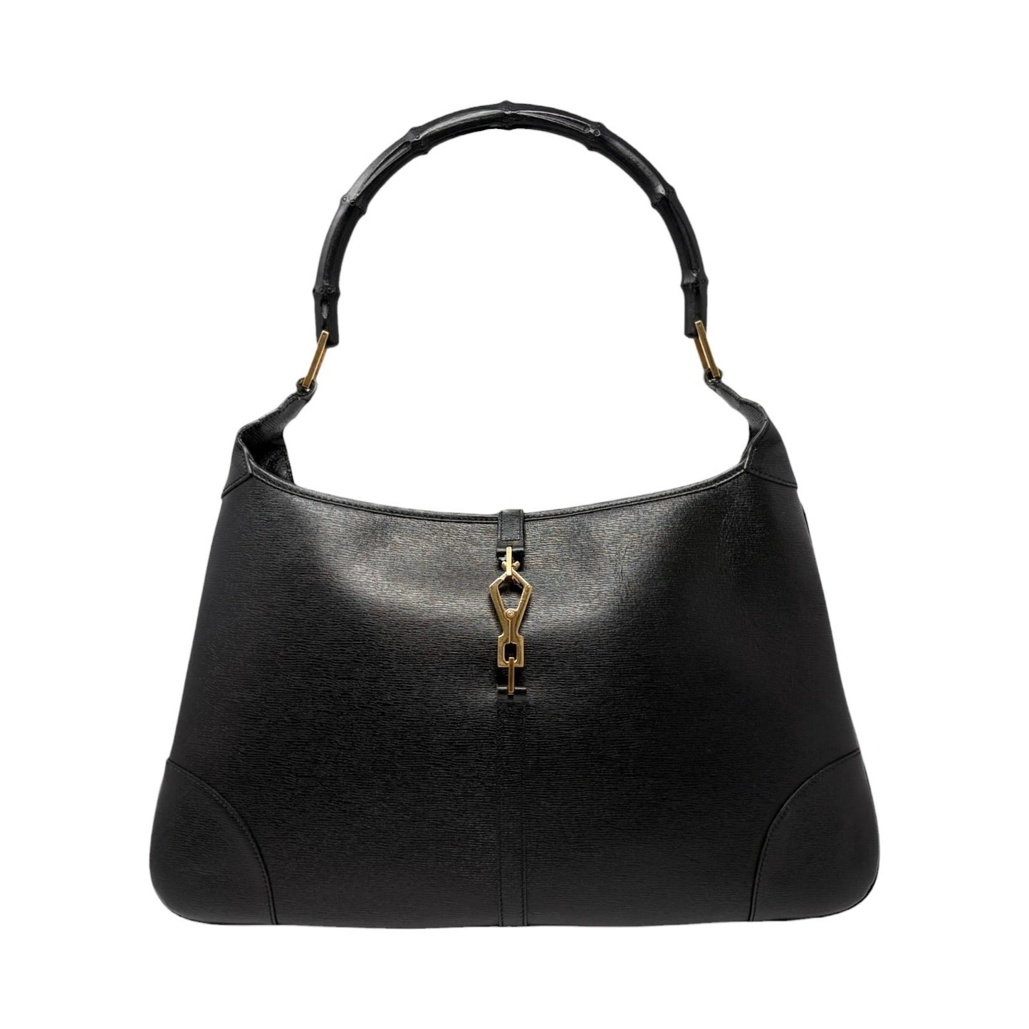 GUCCI Vintage Bamboo Jackie Hobo Shoulder Bag Black Gold Leather 902435
