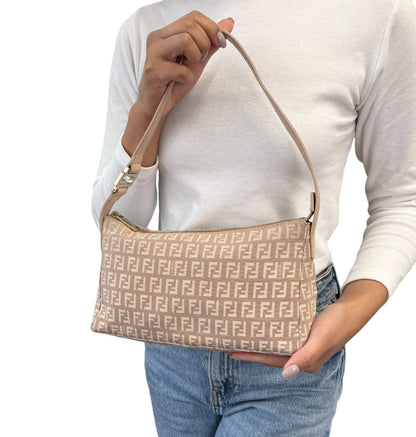 FENDI Vintage Logo Zucchino Monogram Shoulder Bag Pochette Beige Pink 902037
