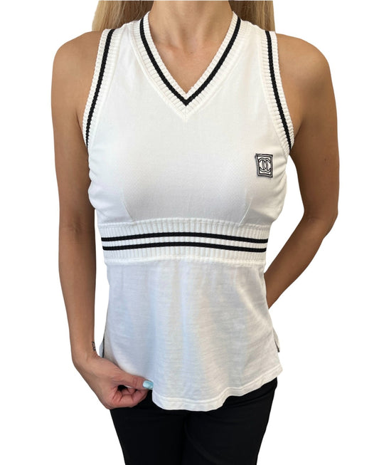 CHANEL Sport Vintage 04S CC Logo Patch Tank Top Tunic #38 White Black Cotton