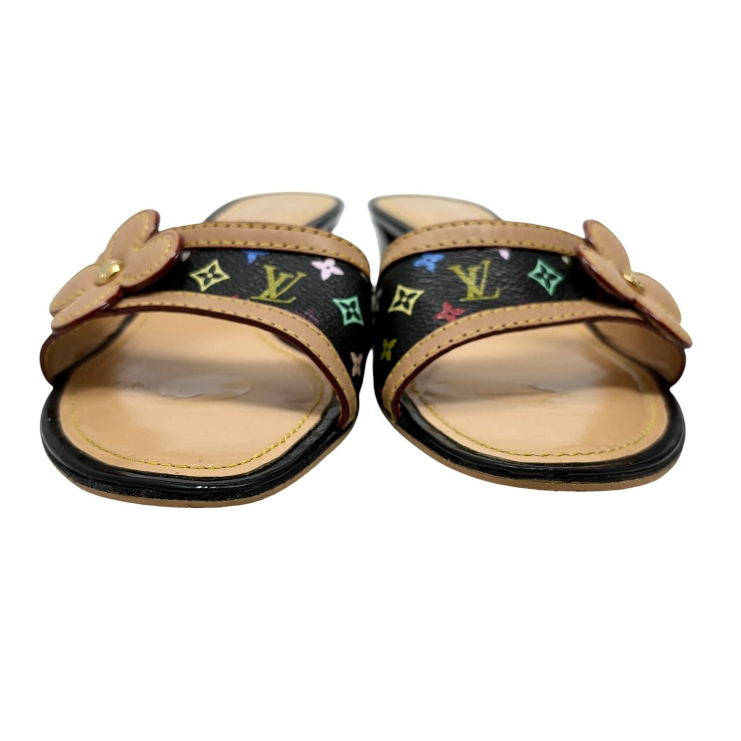 LOUIS VUITTON Vintage Monogram Multicolor Flower Sandals #38 Black 902406