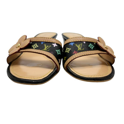 LOUIS VUITTON Vintage Monogram Multicolor Flower Sandals #38 Black 902406